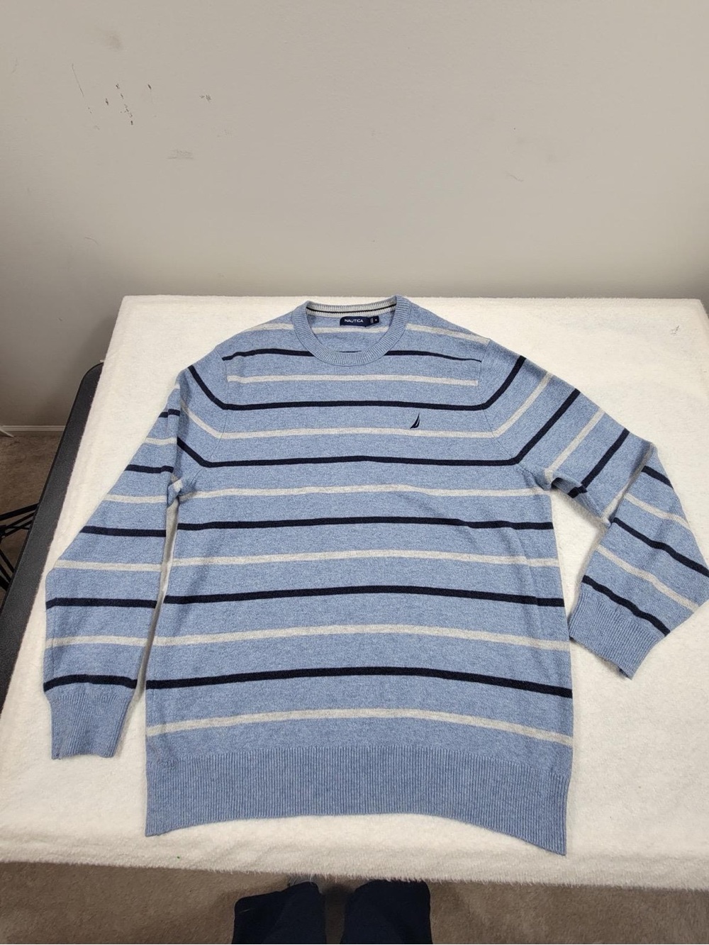 Nautica Men’s Light Blue Crewneck Sweater with Navy & Cream Stripes